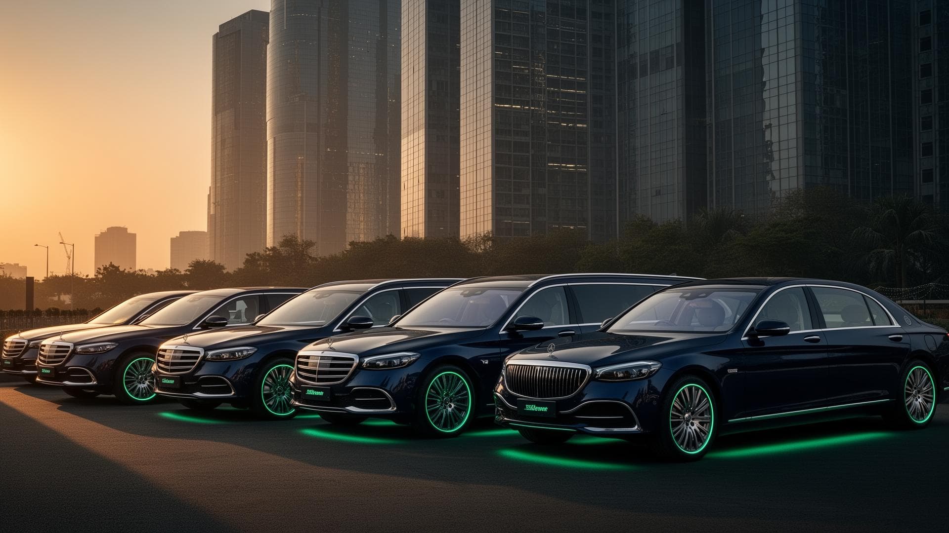 Premium navy corporate sedans with electric green accent lighting at dusk